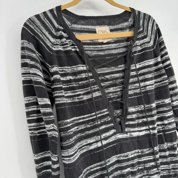 Revolve Chaser Sweater 100% Linen Women's XS Lace Up Striped Space Dye - Picture 2 of 7